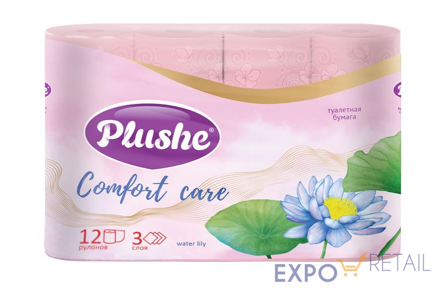 Туалетная бумага Plushe «Comfort care» water lily, розовый, аромат.,12 рул., 3 слоя,12 в уп